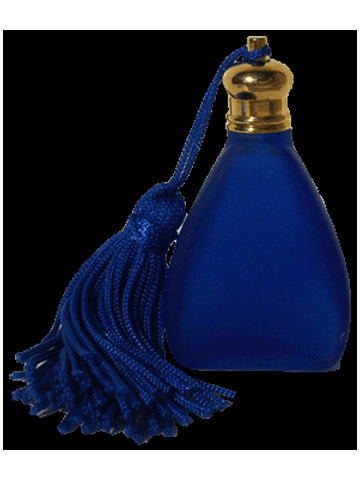 Triangular frosted blue bottle with Blue tasseled Gold cap. Capacity : 8ml (1/4oz)