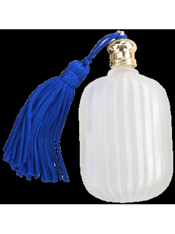 Fluted Pillow shaped White glass perfume bottle with Blue tasseled Gold cap. Capac