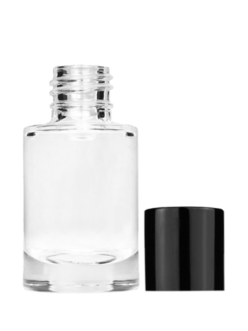 Empty Clear glass bottle with short shiny black cap capacity: 6ml, 1/5oz. For use with perfume or fragrance oil, essential oils, aromatic oils and aromatherapy.