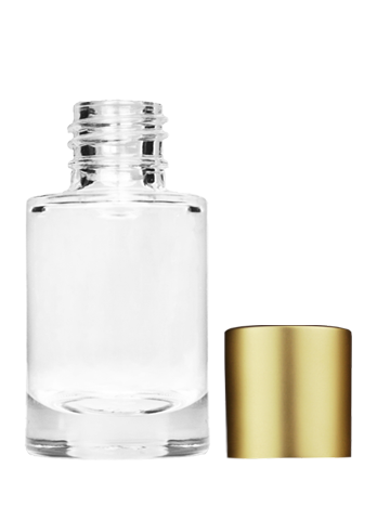 Empty Clear glass bottle with short matte gold cap capacity: 6ml, 1/5oz. For use with perfume or fragrance oil, essential oils, aromatic oils and aromatherapy.
