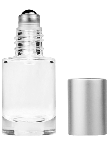 Tulip design 6ml, 1/5oz Clear glass bottle with metal roller ball plug and matte silver cap.