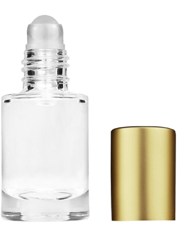 Tulip design 6ml, 1/5oz Clear glass bottle with plastic roller ball plug and matte gold cap.