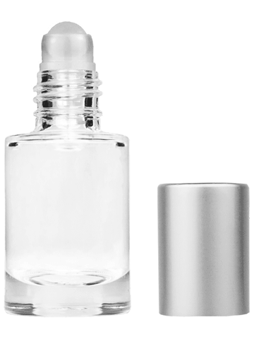 Tulip design 6ml, 1/5oz Clear glass bottle with plastic roller ball plug and matte silver cap.