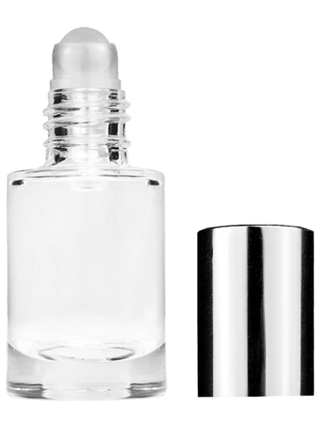 Tulip design 6ml, 1/5oz Clear glass bottle with plastic roller ball plug and shiny silver cap.