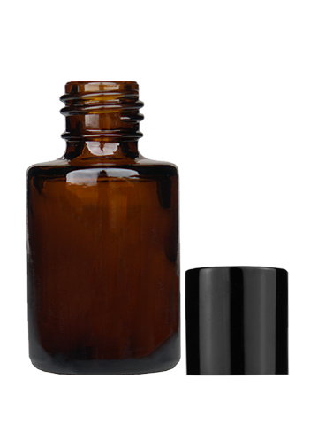 Empty Amber glass bottle with short shiny black cap capacity: 5ml, 1/6 oz. For use with perfume or fragrance oil, essential oils, aromatic oils and aromatherapy.