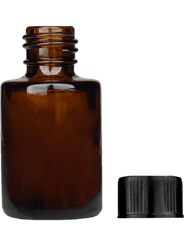Tulip design 5ml, 1/6 oz Amber glass bottle with short black cap.