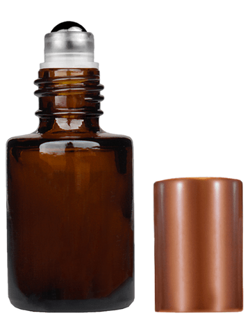 Tulip design 5ml, 1/6 oz Amber glass bottle with metal roller ball plug and matte copper cap.