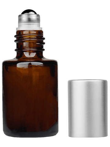 Tulip design 5ml, 1/6 oz Amber glass bottle with metal roller ball plug and matte silver cap.