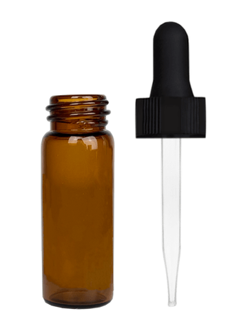 Vial design 1 dram Amber glass vial with black dropper.