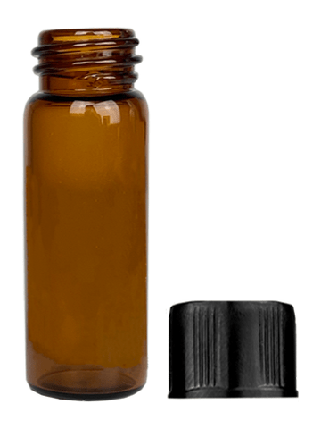 Vial design 2 ml Amber glass vial with short black cap.