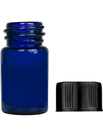 Vial design 5/8 dram Blue glass vial with black short cap.