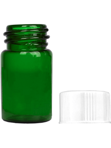 Vial design 5/8 dram Green glass vial with white short cap.