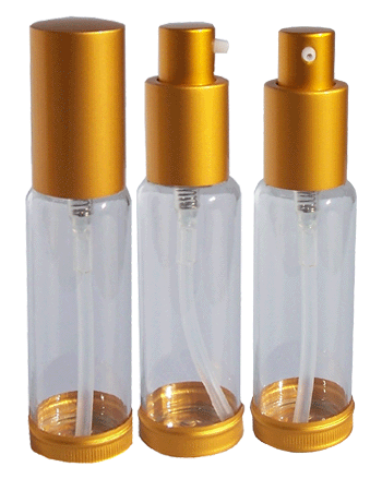 Clear Glass Lotion Bottle with Gold Top and Base. Capacity: 1oz(30ml)