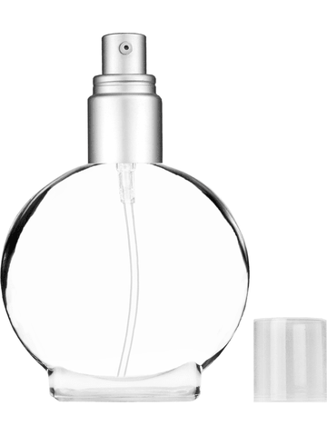 Circle design 50 ml, 1.7oz  clear glass bottle  with with a matte silver collar treatment pump and clear overcap.