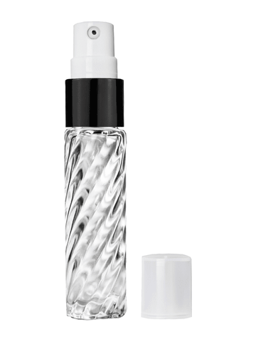 Cylinder swirl design 9ml,1/3 oz glass bottle with treatment pump with black trim and plastic overcap.