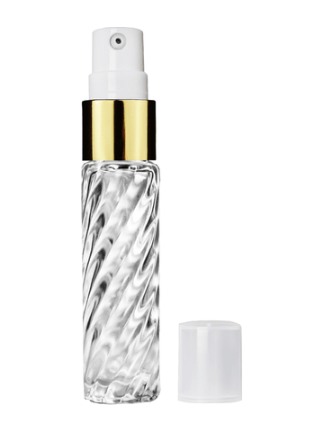 Cylinder swirl design 9ml,1/3 oz glass bottle with treatment pump with gold trim and plastic overcap.