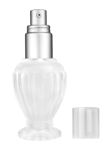 Diva design 30 ml, 1oz frosted glass bottle with with a matte silver collar treatment pump and clear overcap.