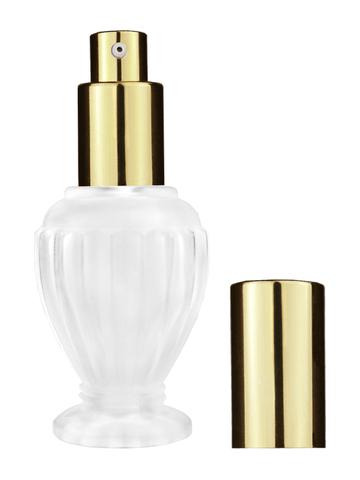 Diva design 30 ml, 1oz frosted glass bottle with shiny gold lotion pump.