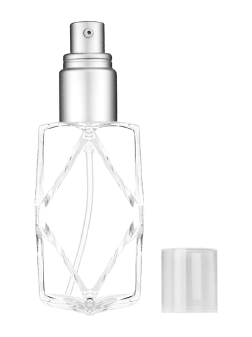 Diamond design 60ml, 2 ounce  clear glass bottle  with with a matte silver collar treatment pump and clear overcap.