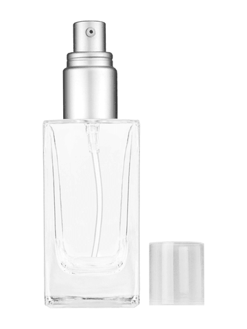 Empire design 50 ml, 1.7oz  clear glass bottle  with with a matte silver collar treatment pump and clear overcap.