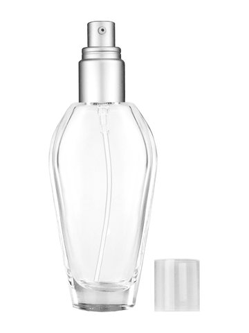 Grace design 55 ml, 1.85oz  clear glass bottle  with with a matte silver collar treatment pump and clear overcap.