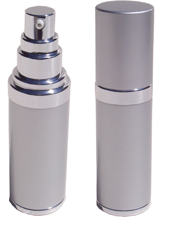 Silver metal shell and metal cap, refillable lotion bottle 1oz.