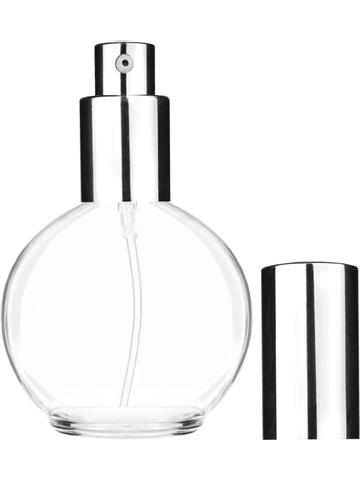 Round design 78 ml, 2.65oz  clear glass bottle  with shiny silver lotion pump.