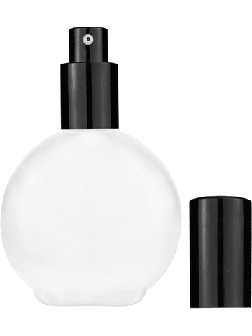 Round design 128 ml, 4.33oz frosted glass bottle with shiny black lotion pump.