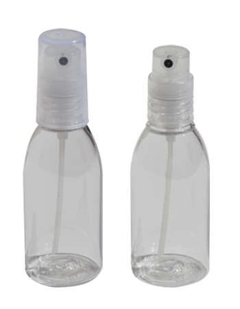 Plastic Bottle with Clear Spray Top and Clear Cap. Capacity: 1oz (28ml).