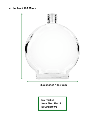 Circle design 100 ml, 3 1/2oz  clear glass bottle  with ivory vintage style bulb sprayer with shiny gold collar cap.