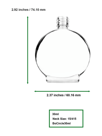 Circle design 30 ml, clear glass bottle with shiny gold and cap.