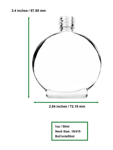 Circle design 50 ml, 1.7oz  clear glass bottle  with reducer and black faux leather cap.