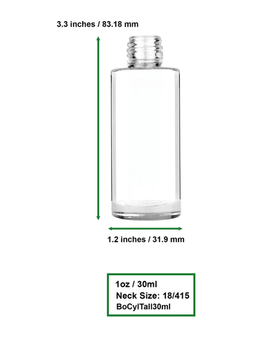 Cylinder design 25 ml 1oz  clear glass bottle  with reducer and light brown faux leather cap.