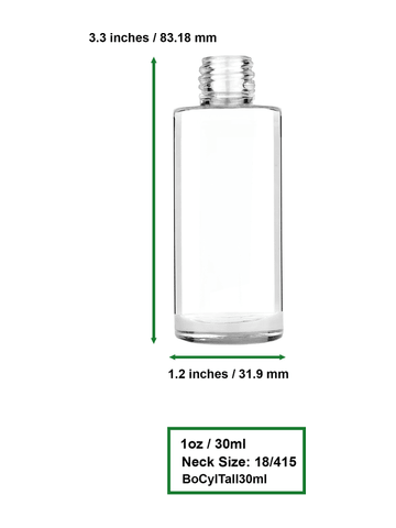 Cylinder design 25 ml 1oz  clear glass bottle  with reducer and silver matte cap.