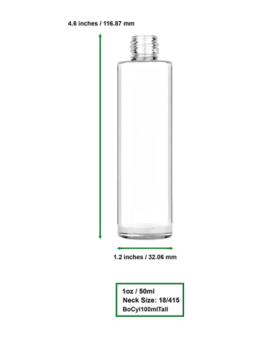 Cylinder design 50 ml, 1.7oz  clear glass bottle  with reducer and black faux leather cap.