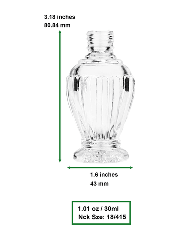 Diva design 30 ml, 1oz  clear glass bottle  with black vintage style bulb sprayer with shiny silver collar cap.