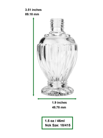 Diva design 46 ml, 1.64oz  clear glass bottle  with black vintage style bulb sprayer with tassel with shiny silver collar cap.