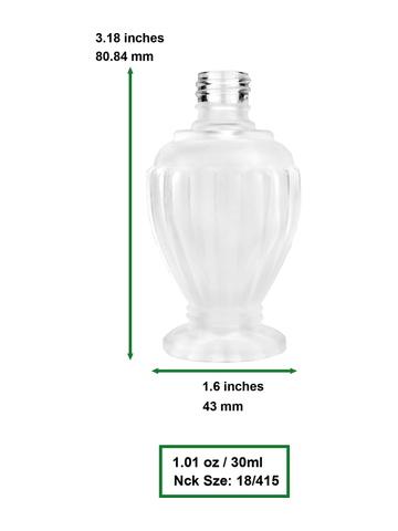 Diva design 30 ml, 1oz frosted glass bottle with ivory vintage style bulb sprayer with shiny silver collar cap.