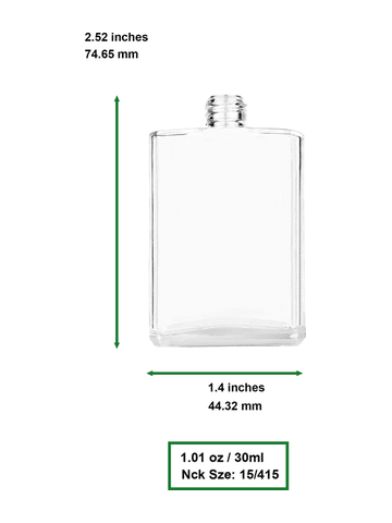 Elegant design 30 ml, clear glass bottle with sprayer and matte silver cap.