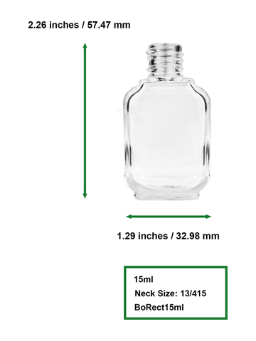 Footed rectangular design 15ml, 1/2oz Clear glass bottle with plastic roller ball plug and shiny silver cap.