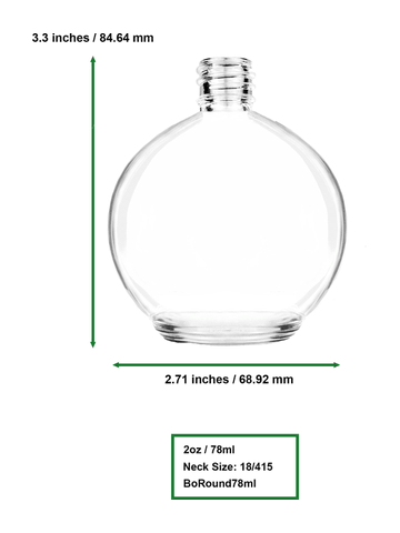 Round design 78 ml, 2.65oz  clear glass bottle  with Ivory vintage style bulb sprayer with tassel and shiny silver collar cap.