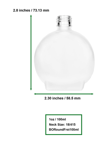 Round design 128 ml, 4.33oz frosted glass bottle with reducer and tall black shiny cap.