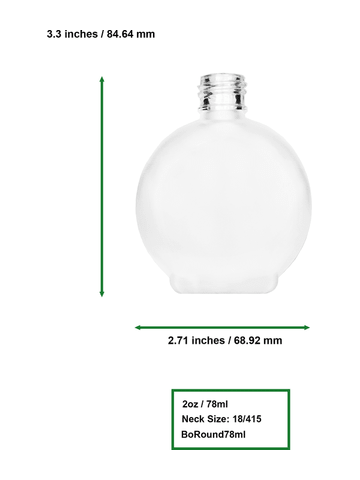 Round design 78 ml, 2.65oz frosted glass bottle with black vintage style bulb sprayer with shiny silver collar cap.