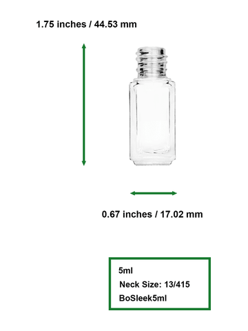 Sleek design 5ml, 1/6oz Clear glass bottle with short black cap.