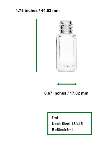 Sleek design 5ml, 1/6oz Clear glass bottle with metal roller ball plug and black shiny cap.