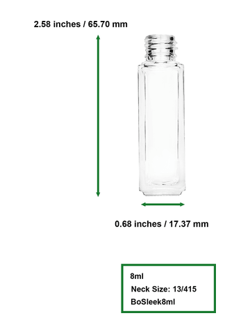 Sleek design 8ml, 1/3oz Clear glass bottle with short black cap.