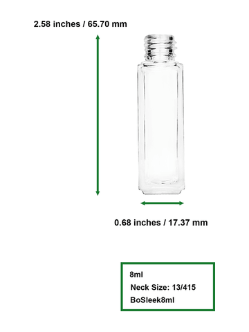 Sleek design 8ml, 1/3oz Clear glass bottle with metal roller ball plug and shiny silver cap.