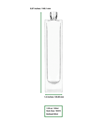 Sleek design 100 ml, 3 1/2oz  clear glass bottle  with lavender vintage style bulb sprayer with shiny silver collar cap.