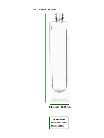 Sleek design 100 ml, 3 1/2oz  clear glass bottle  with reducer and silver matte cap.