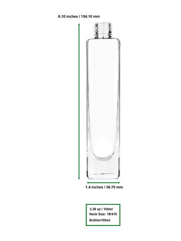 Slim design 100 ml, 3 1/2oz  clear glass bottle  with lavender vintage style bulb sprayer with shiny silver collar cap.